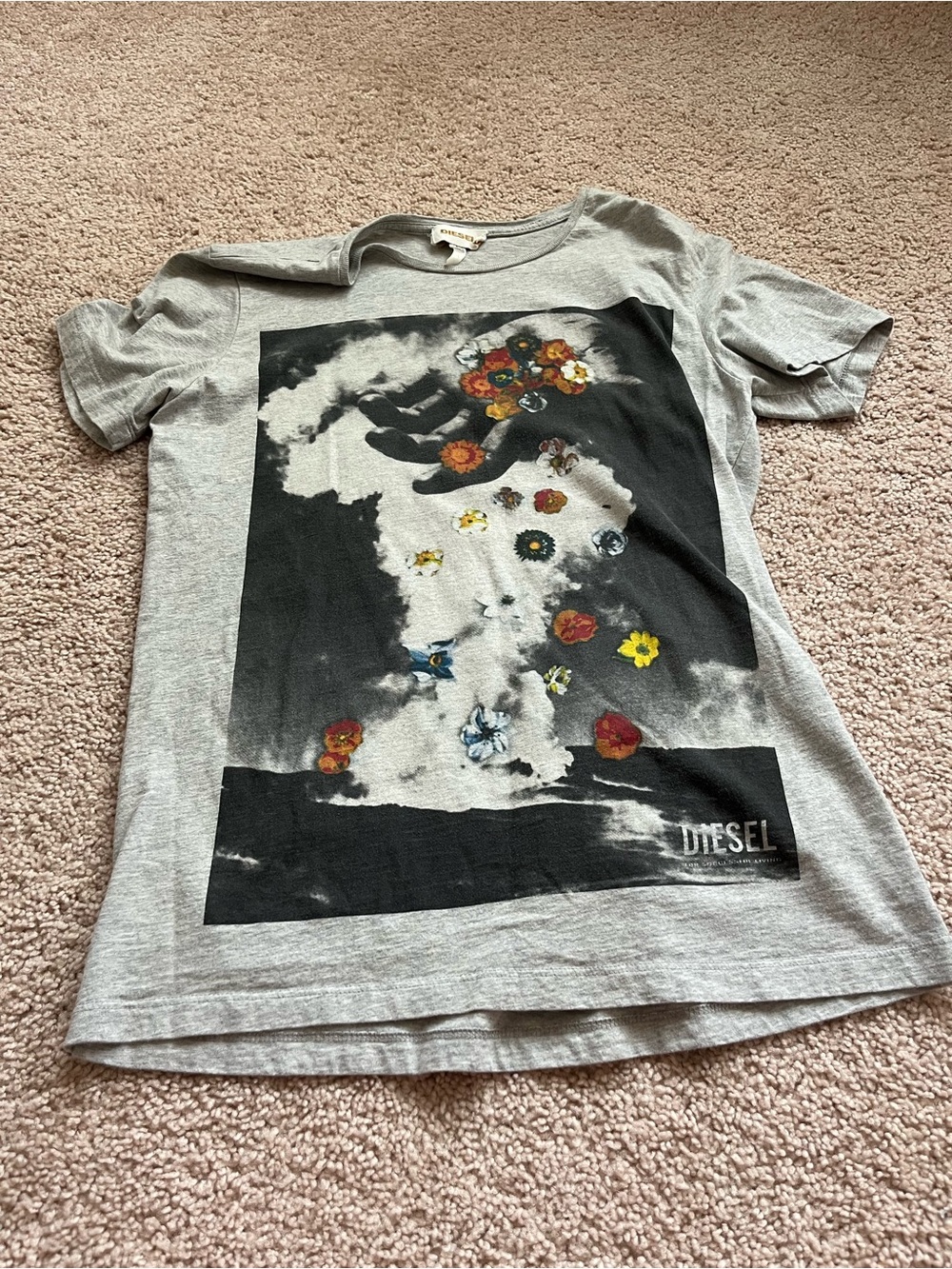 Diesel Gray Tee with Black Graphic and Multicolor Floral Accents